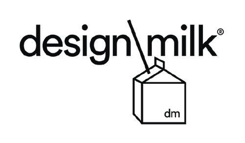 'Design Milk logo with a milk carton drawing.'