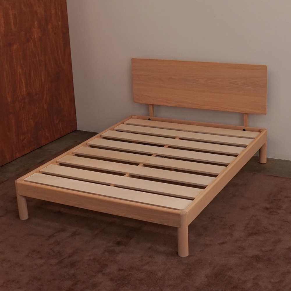 Keeps designer solid oak queen bed frame and headboard with bolted joinery in white natural finish with premium slats