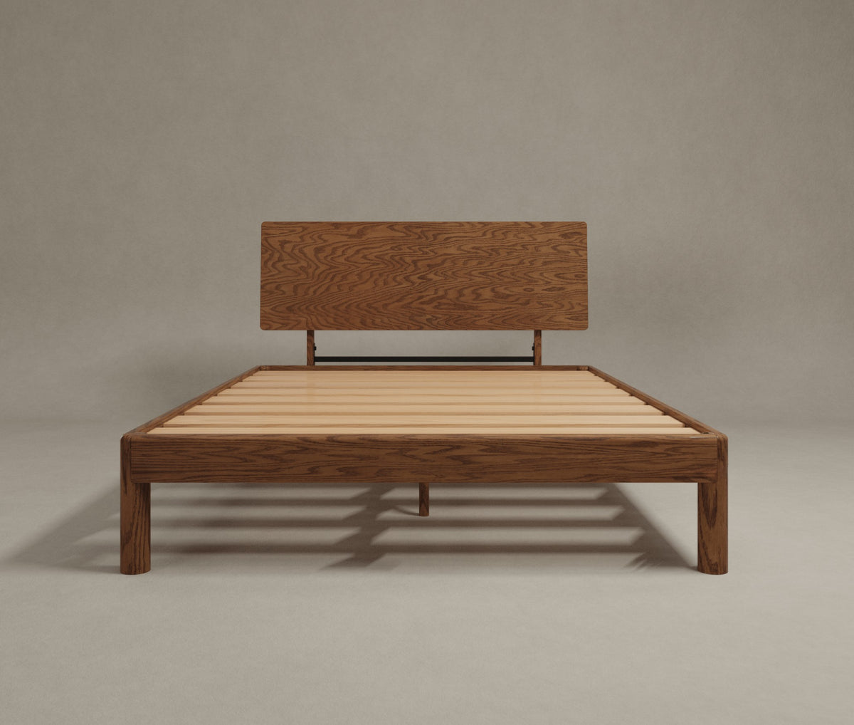 Minimalist bed frame design Keeps bolted solid oak wood queen acorn brown finish with stand alone headboard and modern background