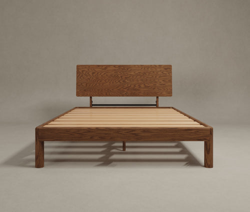 Minimalist bed frame design Keeps bolted solid oak wood queen acorn brown finish with stand alone headboard and modern background
