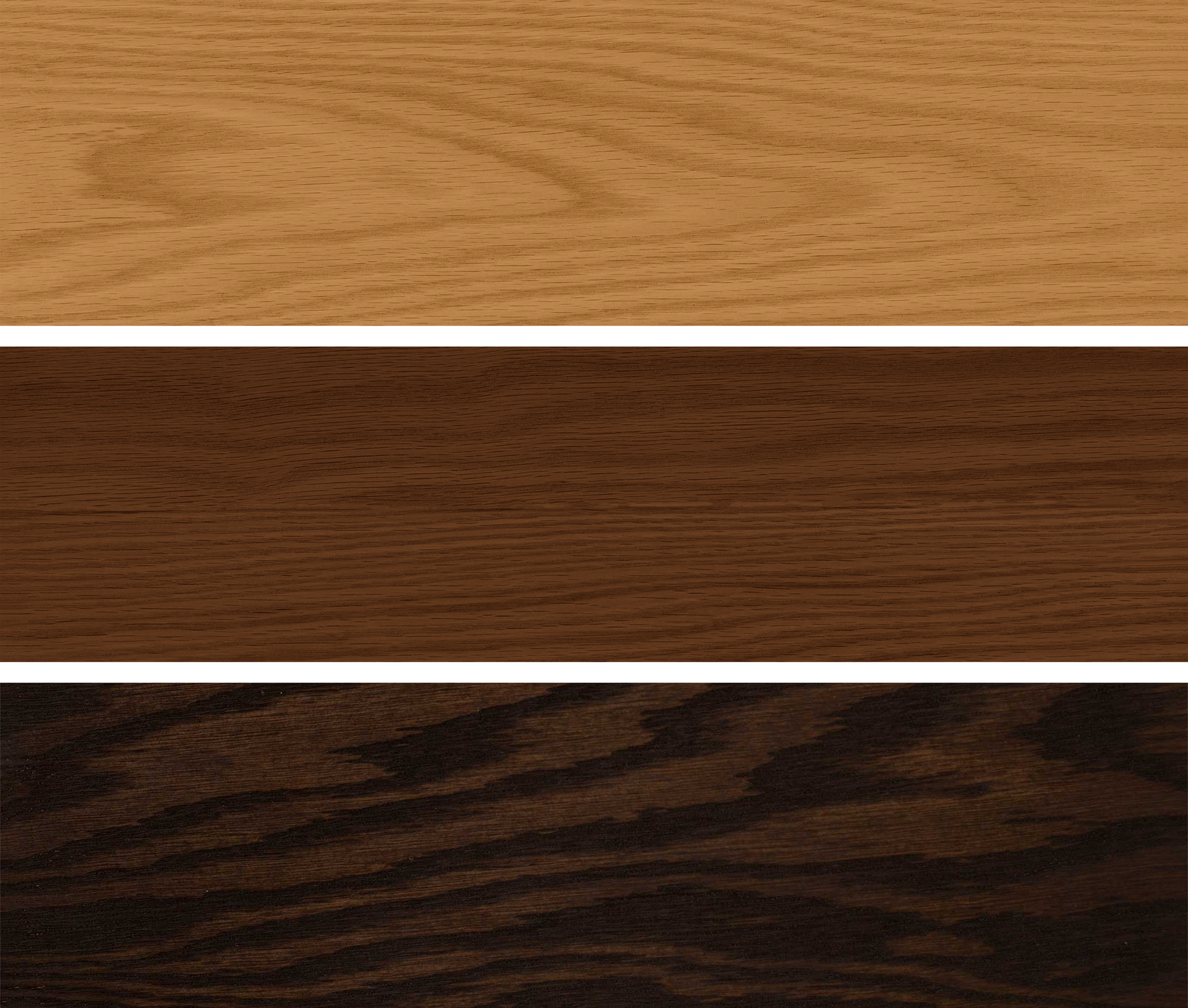 Three different wood finishes arranged vertically: Honey, Acorn, Smoke