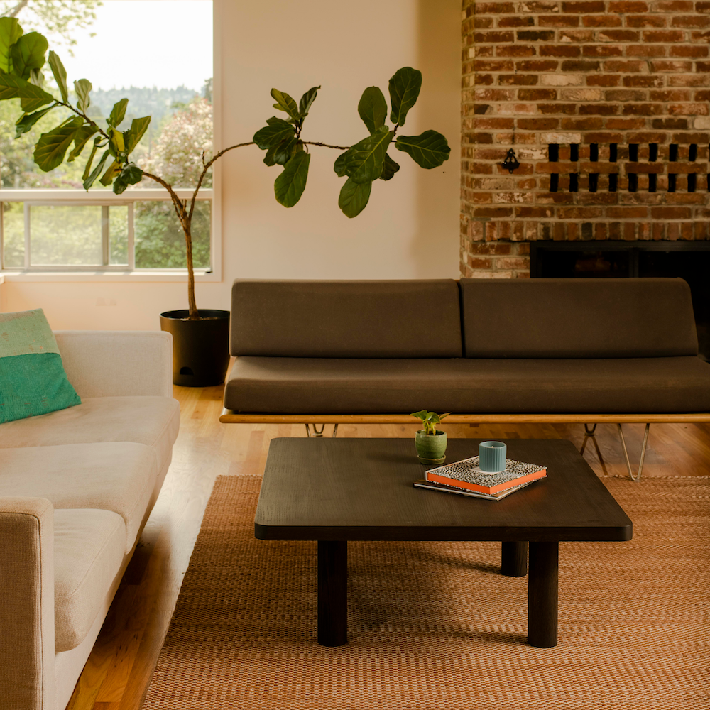 Keeps Home square coffee table in dark smoked finish in modern living room with gray sofa, white couch, and large fig tree
