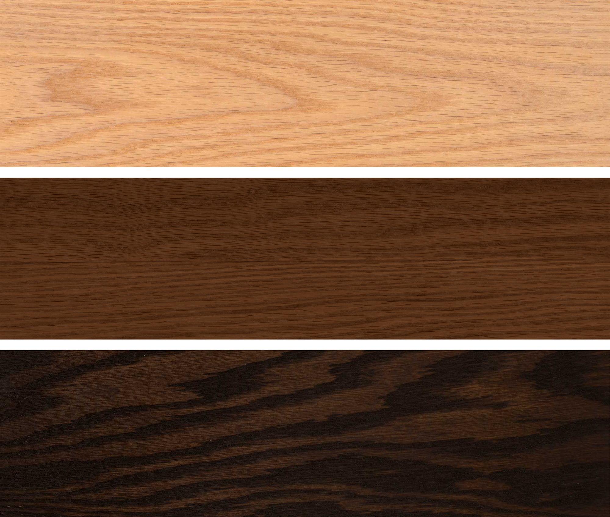 Three different wood finishes arranged vertically: Natural, Acorn, Smoke