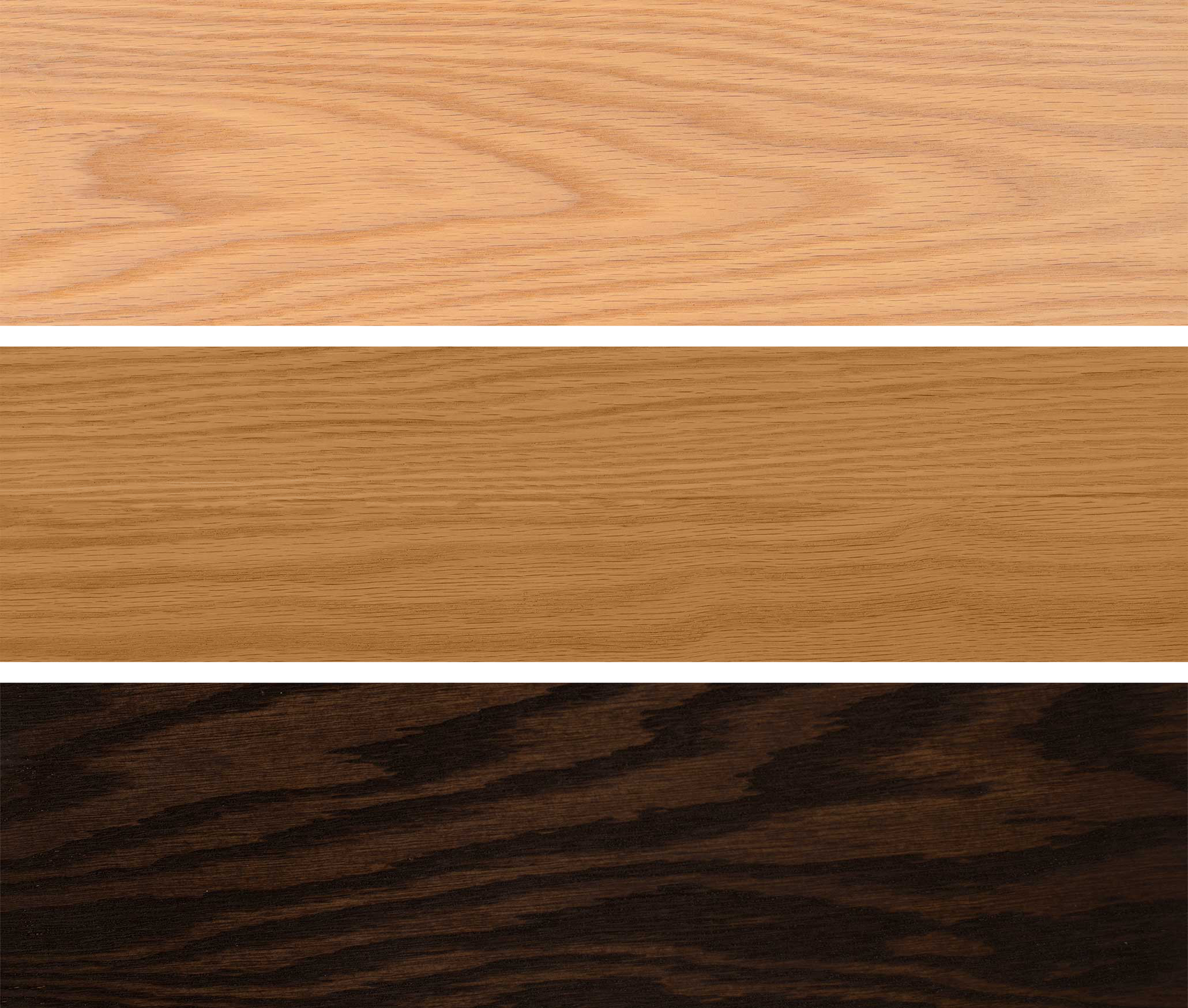 Three different wood finishes arranged vertically: Natural, Honey, Smoke